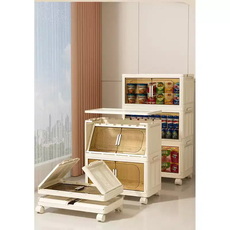 3 Tiers Plastic Folding Storage Cabinets with Magnetic Doors Wheels, Closet Organizers and Storage Containers White for Small Space