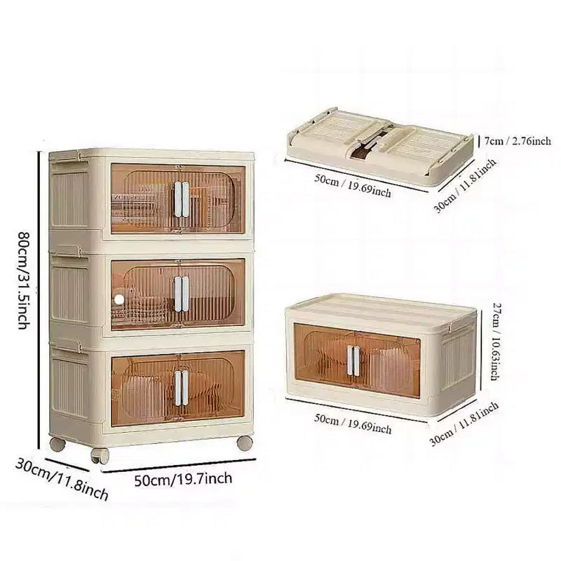 3 Tiers Plastic Folding Storage Cabinets with Magnetic Doors Wheels, Closet Organizers and Storage Containers White for Small Space