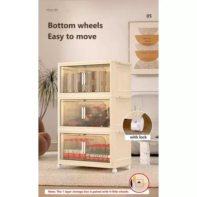 3 Tiers Plastic Folding Storage Cabinets with Magnetic Doors Wheels, Closet Organizers and Storage Containers White for Small Space