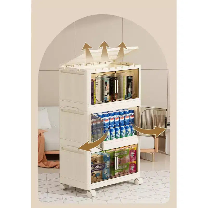 3 Tiers Plastic Folding Storage Cabinets with Magnetic Doors Wheels, Closet Organizers and Storage Containers White for Small Space