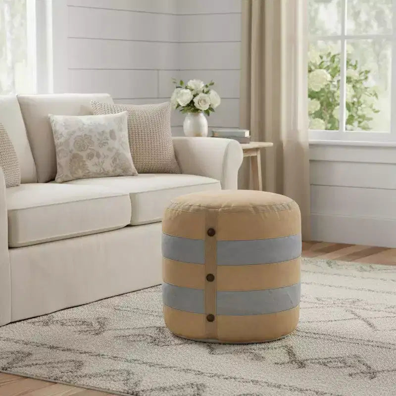 16 Tan Cotton Cylinder Striped Pouf Ottoman