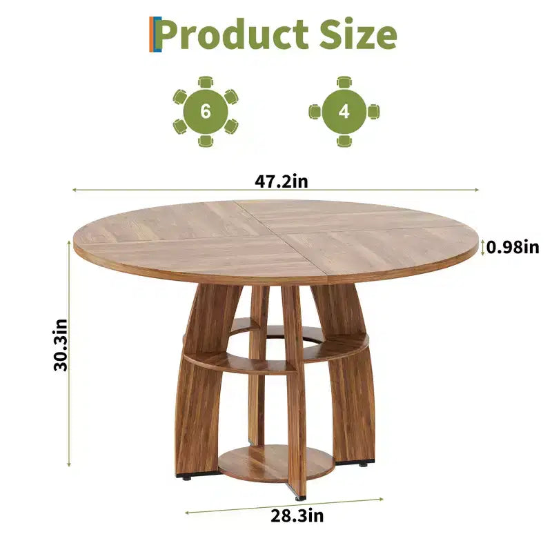 Farmhouse 47 Round Dining Table for 4-6,Wood Kitchen Table with Storage Shelf & Adjustable Feet,Easy Assembly for Dining Room, Living Room,Apartment
