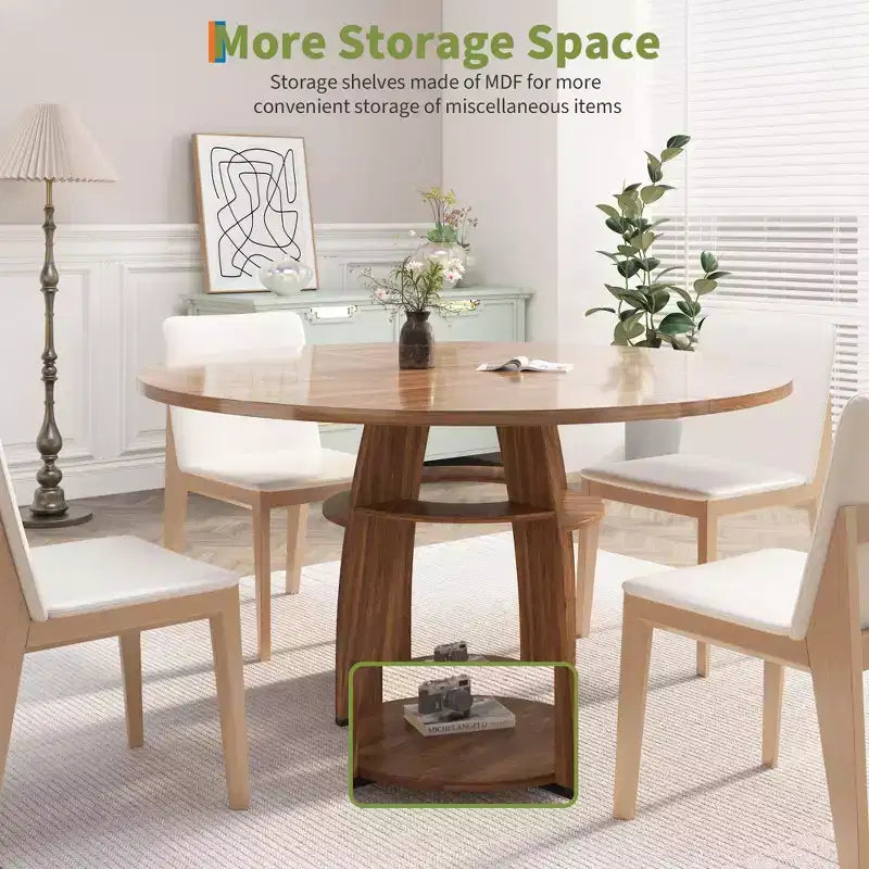 Farmhouse 47 Round Dining Table for 4-6,Wood Kitchen Table with Storage Shelf & Adjustable Feet,Easy Assembly for Dining Room, Living Room,Apartment