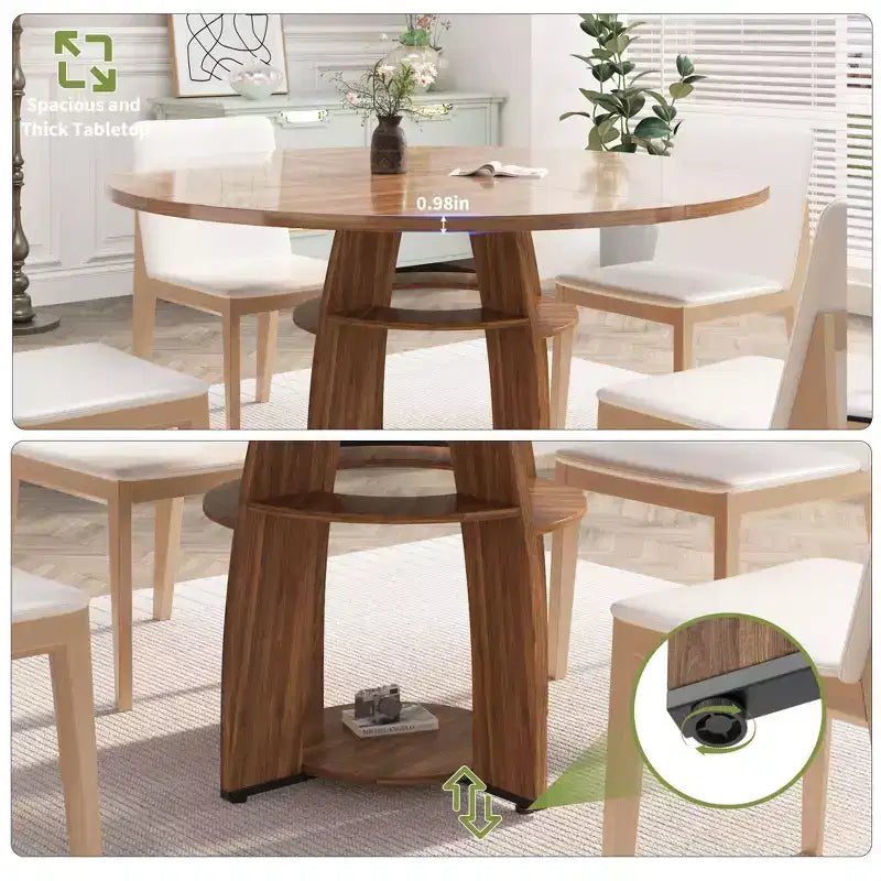 Farmhouse 47 Round Dining Table for 4-6,Wood Kitchen Table with Storage Shelf & Adjustable Feet,Easy Assembly for Dining Room, Living Room,Apartment