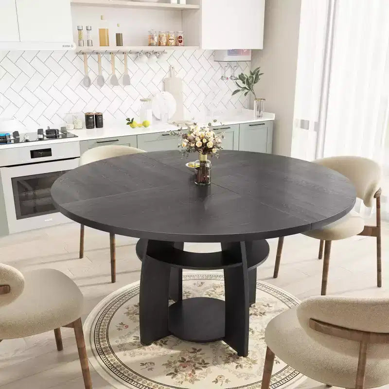 Farmhouse 47 Round Dining Table for 4-6,Wood Kitchen Table with Storage Shelf & Adjustable Feet,Easy Assembly for Dining Room, Living Room,Apartment