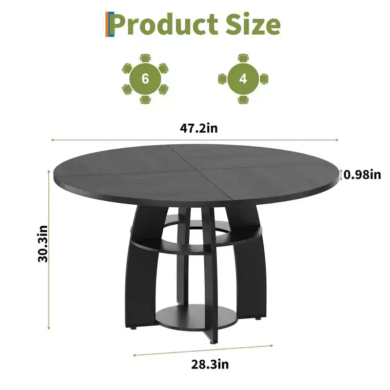 Farmhouse 47 Round Dining Table for 4-6,Wood Kitchen Table with Storage Shelf & Adjustable Feet,Easy Assembly for Dining Room, Living Room,Apartment