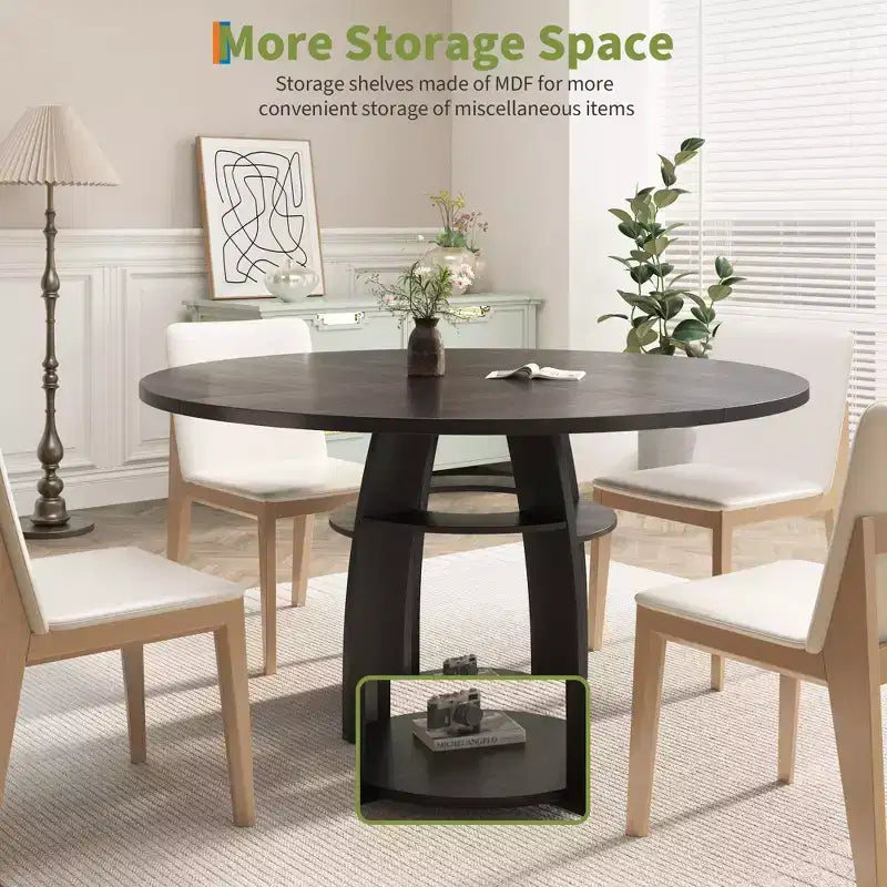 Farmhouse 47 Round Dining Table for 4-6,Wood Kitchen Table with Storage Shelf & Adjustable Feet,Easy Assembly for Dining Room, Living Room,Apartment