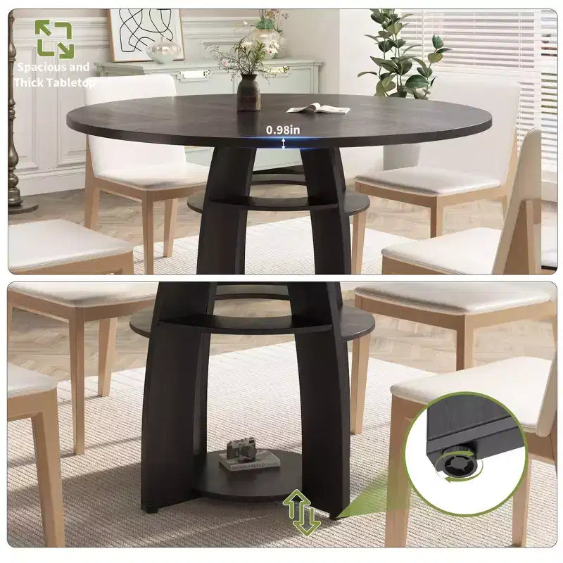 Farmhouse 47 Round Dining Table for 4-6,Wood Kitchen Table with Storage Shelf & Adjustable Feet,Easy Assembly for Dining Room, Living Room,Apartment