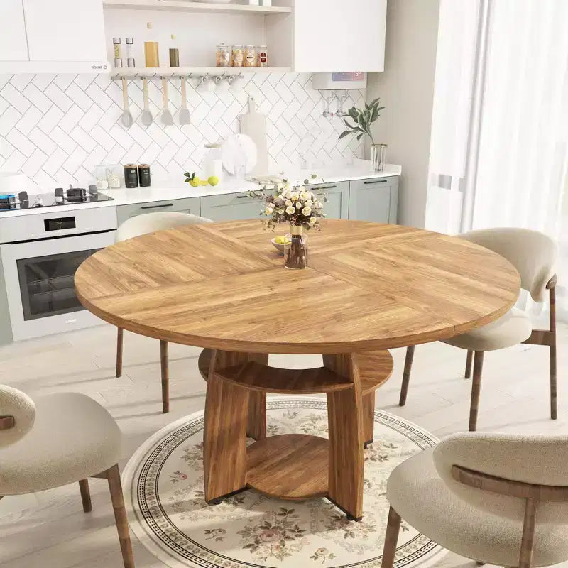 Farmhouse 47 Round Dining Table for 4-6,Wood Kitchen Table with Storage Shelf & Adjustable Feet,Easy Assembly for Dining Room, Living Room,Apartment