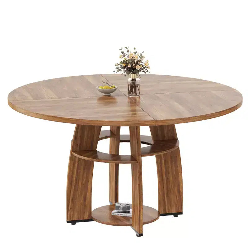 Farmhouse 47 Round Dining Table for 4-6,Wood Kitchen Table with Storage Shelf & Adjustable Feet,Easy Assembly for Dining Room, Living Room,Apartment