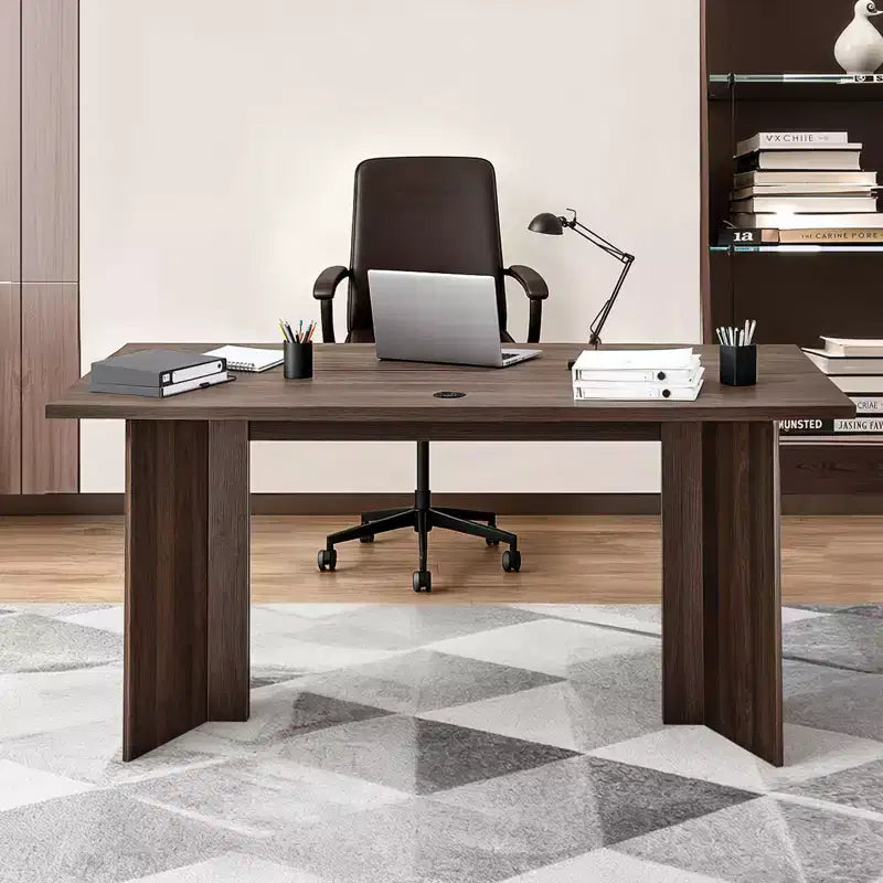 63 in Executive Desk, Large Modern Rectangle Office Table, Wooden Executive Table with Cable Connection Hole, 250 LBS Load Capacity, Brown