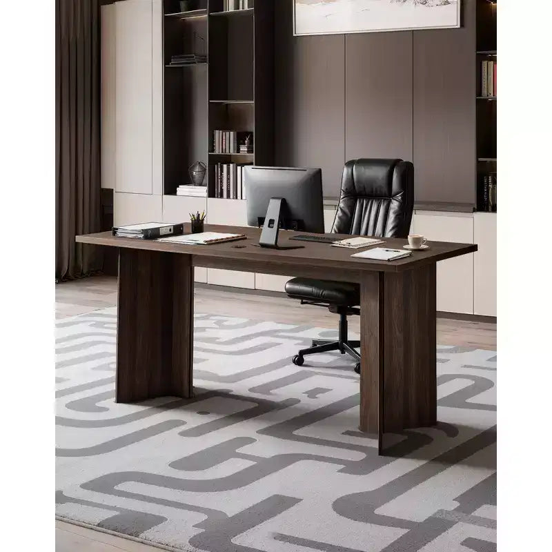63 in Executive Desk, Large Modern Rectangle Office Table, Wooden Executive Table with Cable Connection Hole, 250 LBS Load Capacity, Brown