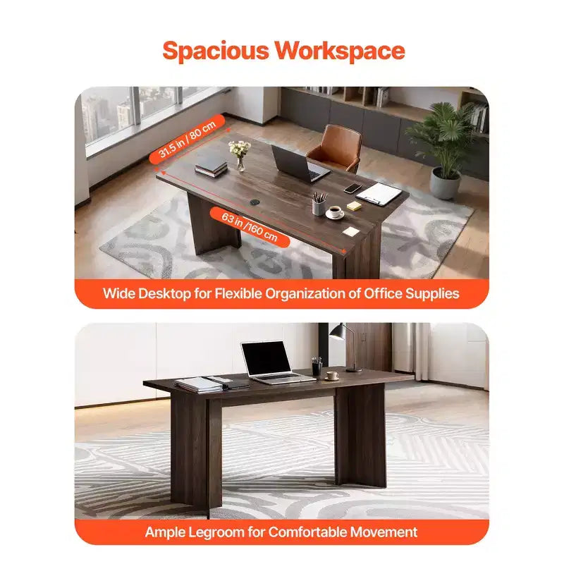 63 in Executive Desk, Large Modern Rectangle Office Table, Wooden Executive Table with Cable Connection Hole, 250 LBS Load Capacity, Brown