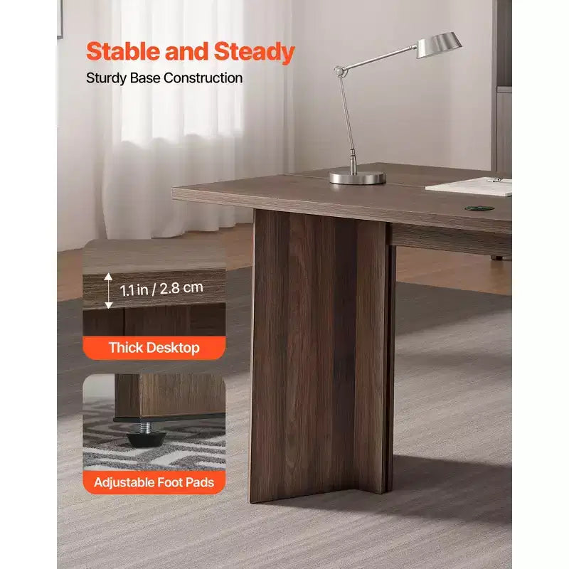63 in Executive Desk, Large Modern Rectangle Office Table, Wooden Executive Table with Cable Connection Hole, 250 LBS Load Capacity, Brown