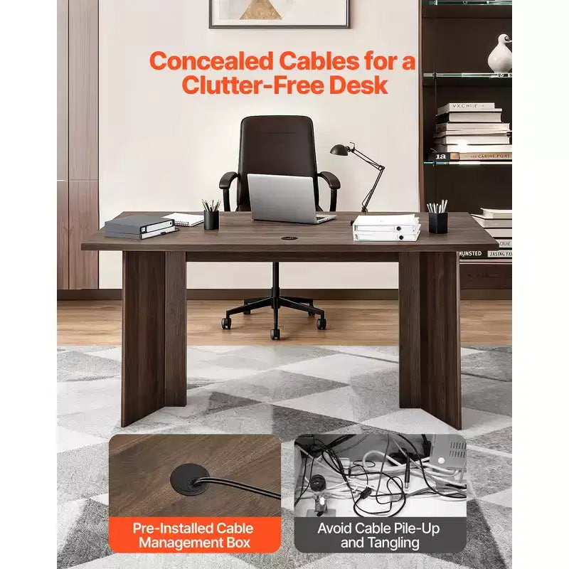 63 in Executive Desk, Large Modern Rectangle Office Table, Wooden Executive Table with Cable Connection Hole, 250 LBS Load Capacity, Brown