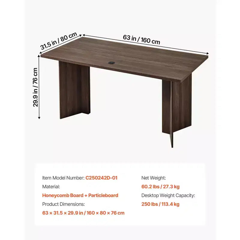 63 in Executive Desk, Large Modern Rectangle Office Table, Wooden Executive Table with Cable Connection Hole, 250 LBS Load Capacity, Brown