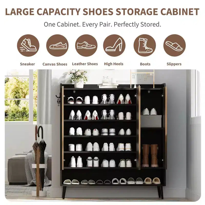 Shoe Cabinet, Shoe Storage Cabinet 6-Tier Large Organizer with 3 Doors & Hooks, 2-Pack Brown Entryway Storage for Hallway, Living Room