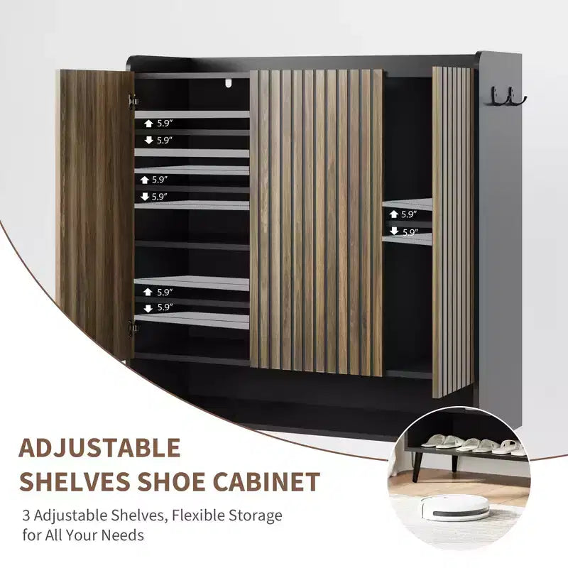 Shoe Cabinet, Shoe Storage Cabinet 6-Tier Large Organizer with 3 Doors & Hooks, 2-Pack Brown Entryway Storage for Hallway, Living Room