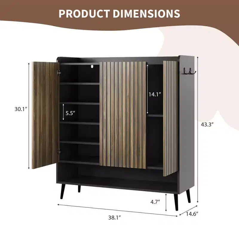 Shoe Cabinet, Shoe Storage Cabinet 6-Tier Large Organizer with 3 Doors & Hooks, 2-Pack Brown Entryway Storage for Hallway, Living Room