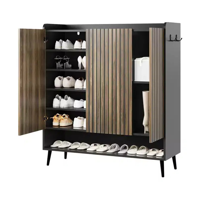 Shoe Cabinet, Shoe Storage Cabinet 6-Tier Large Organizer with 3 Doors & Hooks, 2-Pack Brown Entryway Storage for Hallway, Living Room