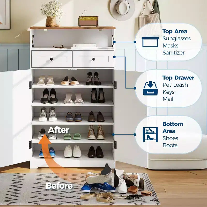 Shoe Cabinet, Shoe Storage Cabinet Modern Farmhouse Narrow Design with Drawers & Adjustable Shelves, Freestanding Organizer for Entryway