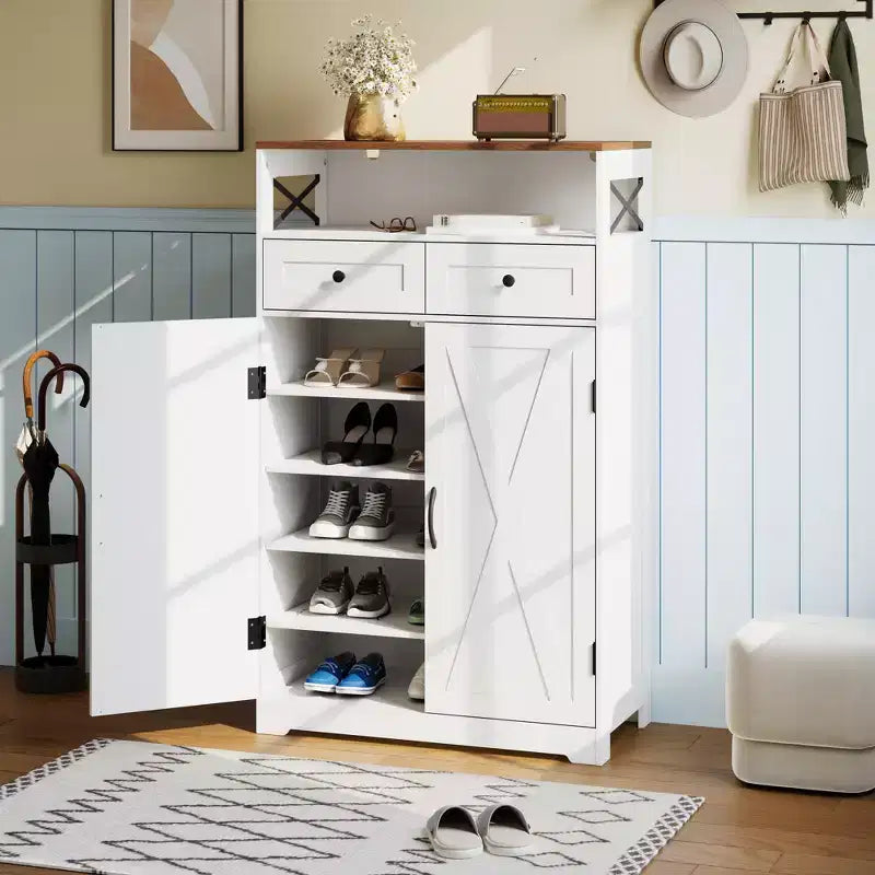 Shoe Cabinet, Shoe Storage Cabinet Modern Farmhouse Narrow Design with Drawers & Adjustable Shelves, Freestanding Organizer for Entryway