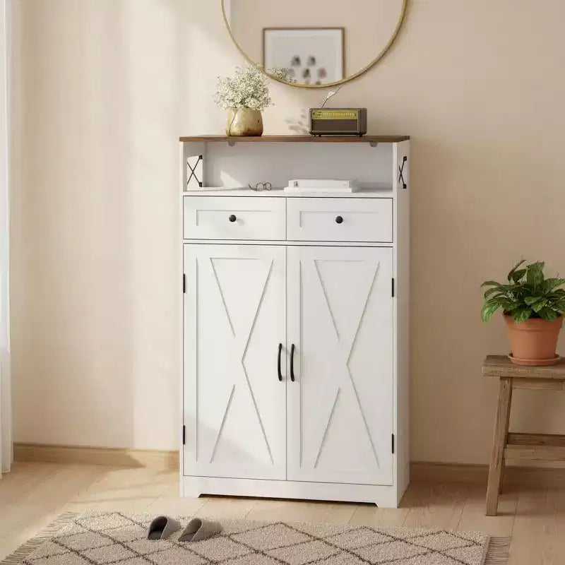 Shoe Cabinet, Shoe Storage Cabinet Modern Farmhouse Narrow Design with Drawers & Adjustable Shelves, Freestanding Organizer for Entryway