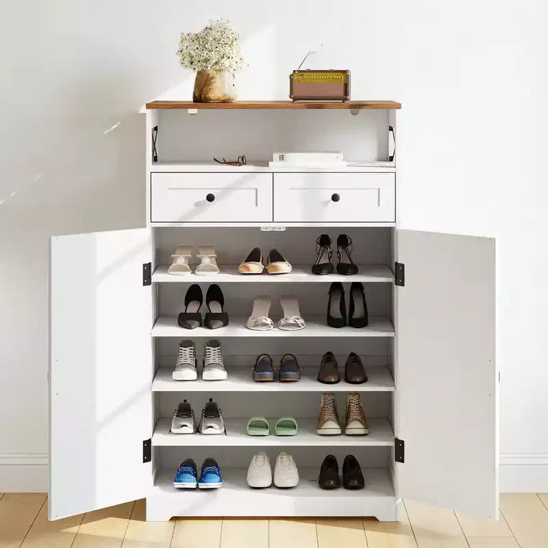 Shoe Cabinet, Shoe Storage Cabinet Modern Farmhouse Narrow Design with Drawers & Adjustable Shelves, Freestanding Organizer for Entryway