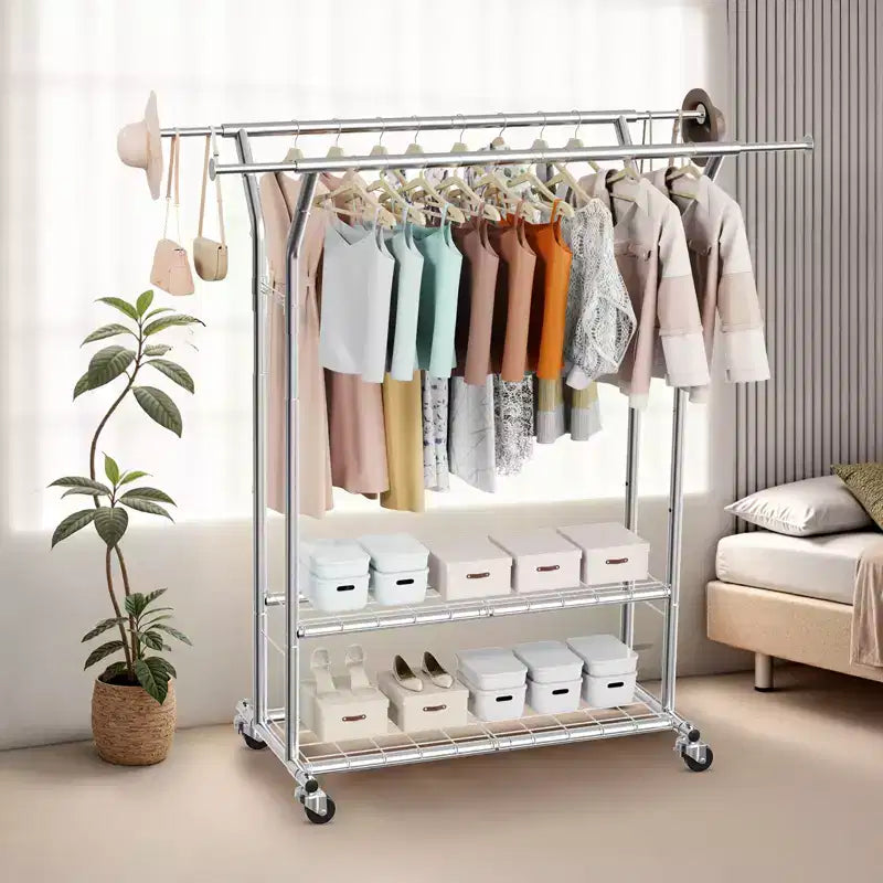 VEVOR Clothes Rack, Rolling Clothing Garment Rack with 2 Hanging Rods and 2 Storage Shelves, 264 lbs Load Capacity, Silver