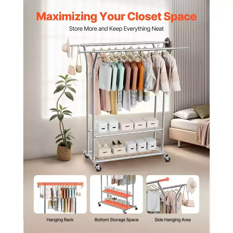VEVOR Clothes Rack, Rolling Clothing Garment Rack with 2 Hanging Rods and 2 Storage Shelves, 264 lbs Load Capacity, Silver