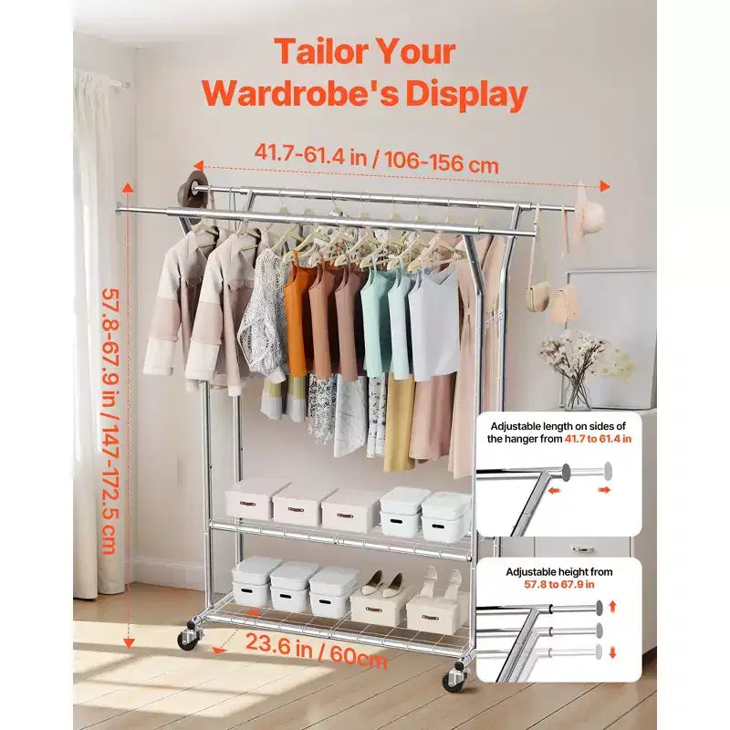 VEVOR Clothes Rack, Rolling Clothing Garment Rack with 2 Hanging Rods and 2 Storage Shelves, 264 lbs Load Capacity, Silver