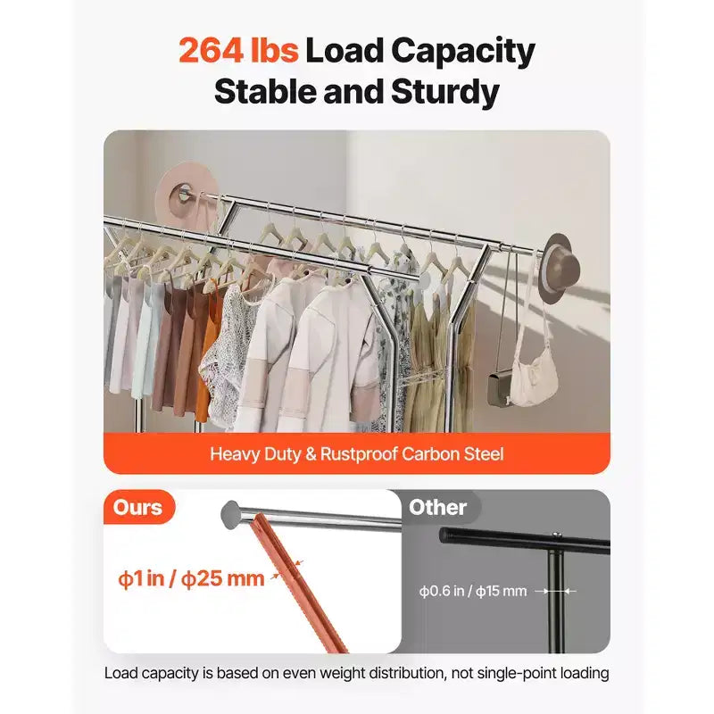 VEVOR Clothes Rack, Rolling Clothing Garment Rack with 2 Hanging Rods and 2 Storage Shelves, 264 lbs Load Capacity, Silver