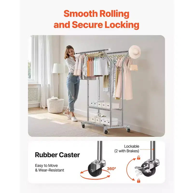 VEVOR Clothes Rack, Rolling Clothing Garment Rack with 2 Hanging Rods and 2 Storage Shelves, 264 lbs Load Capacity, Silver