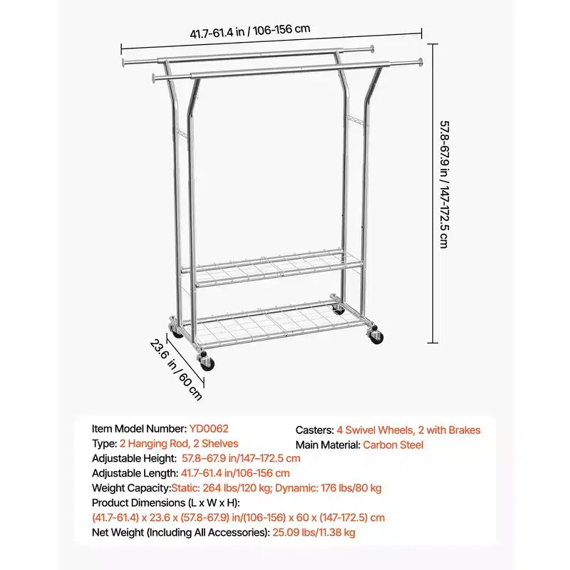 VEVOR Clothes Rack, Rolling Clothing Garment Rack with 2 Hanging Rods and 2 Storage Shelves, 264 lbs Load Capacity, Silver
