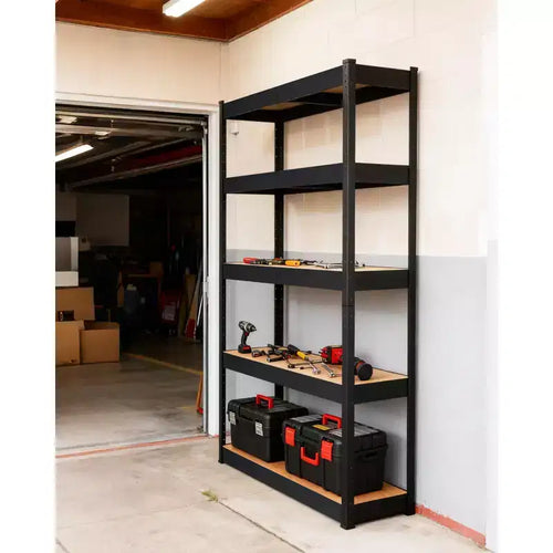 Étagère de garage à 5 niveaux en acier Cadre en acier au carbone avec panneaux MDF, 180 kg par niveau, rayonnage de rangement réglable pour sous-sol et garde-manger