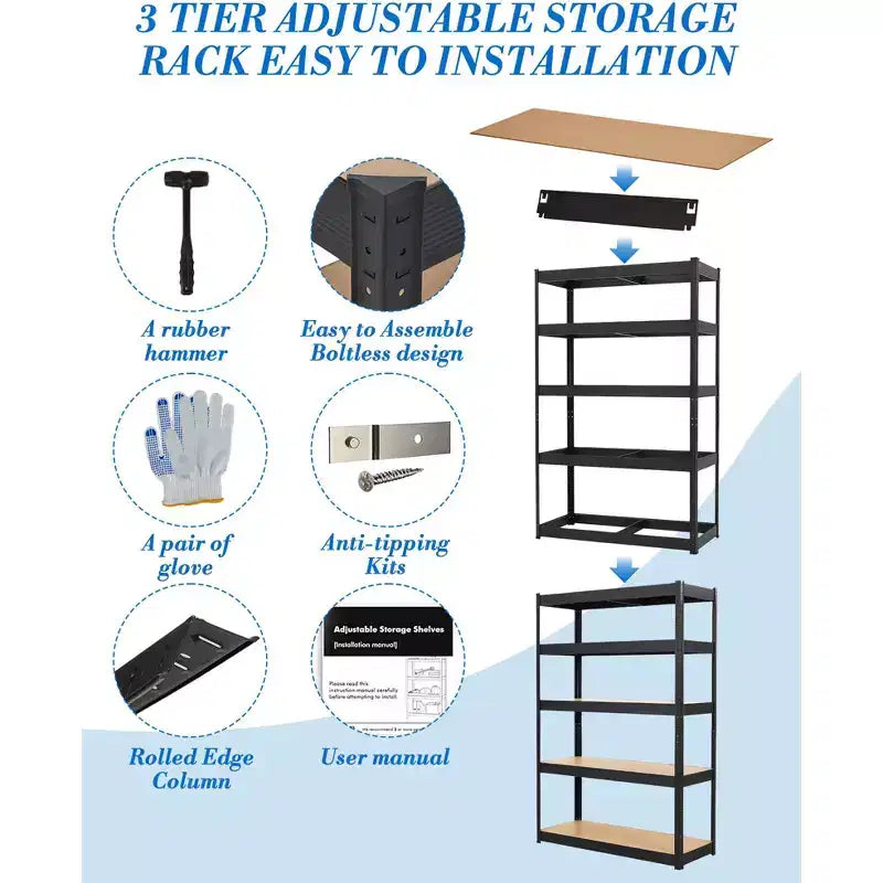 5-Tier Steel Garage Shelf Carbon Steel Frame with MDF Boards, 180kg per Tier, Adjustable Storage Rack for Basement & Pantry
