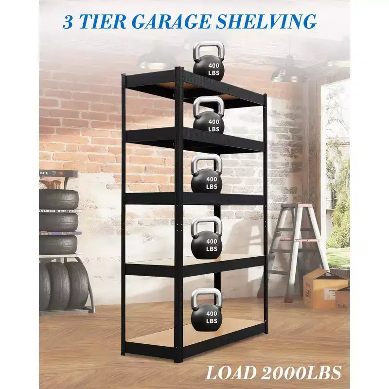 5-Tier Steel Garage Shelf Carbon Steel Frame with MDF Boards, 180kg per Tier, Adjustable Storage Rack for Basement & Pantry