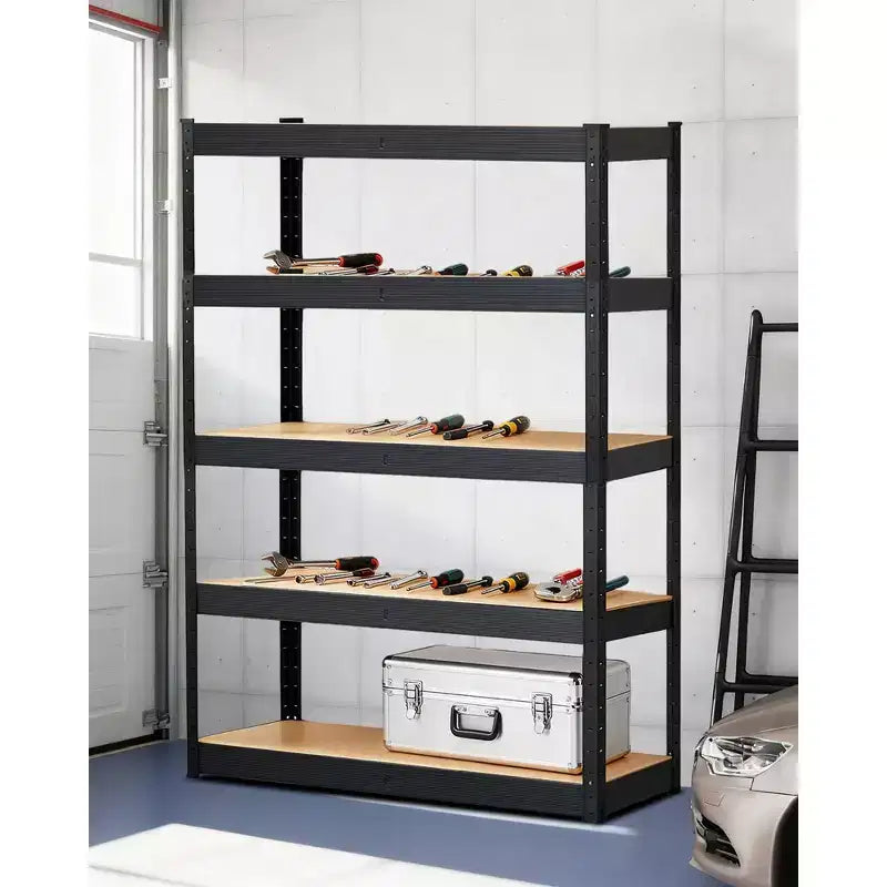 5-Tier Steel Garage Shelf Carbon Steel Frame with MDF Boards, 180kg per Tier, Adjustable Storage Rack for Basement & Pantry