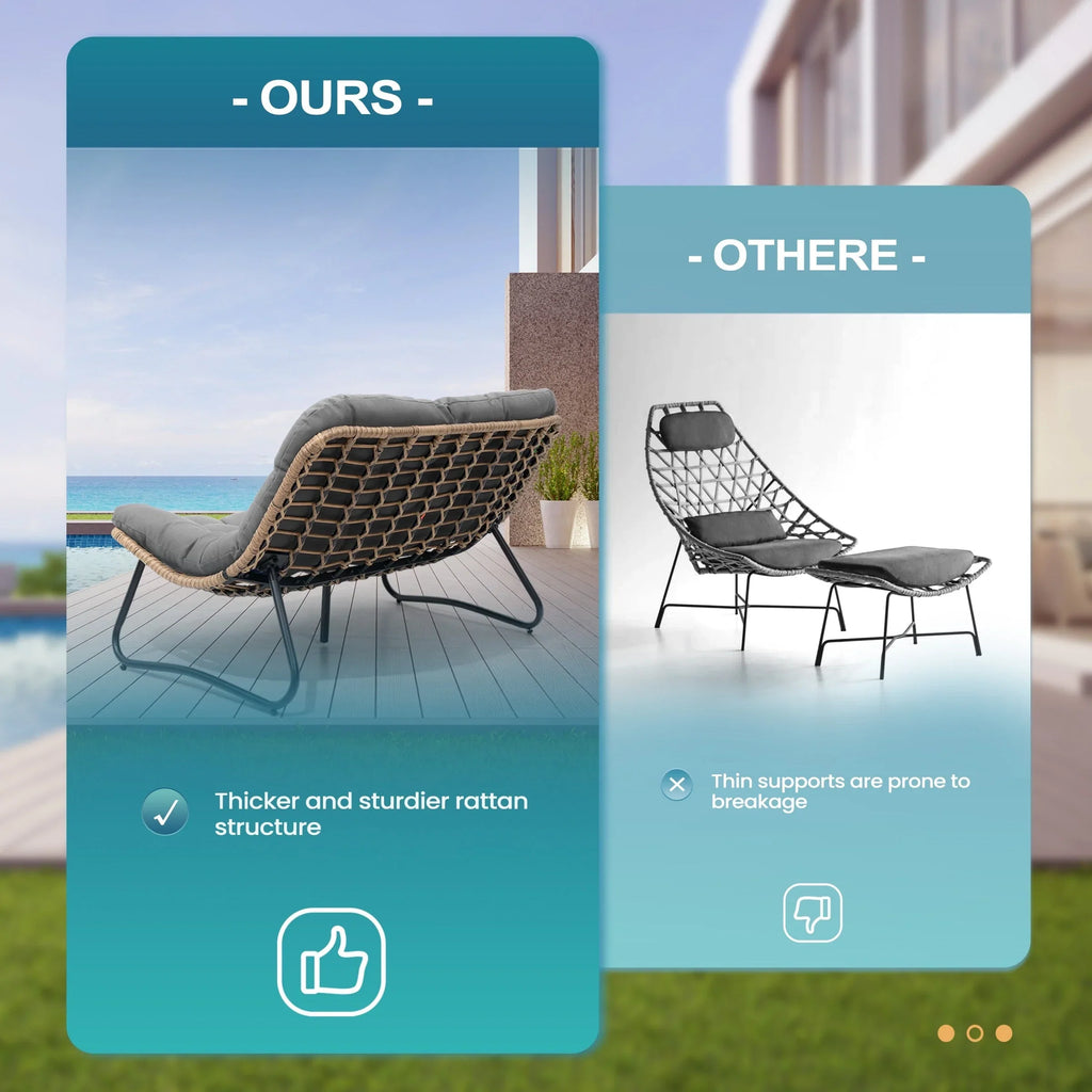 Causeuse double Papasan avec coussin, rotin PE tout temps et cadre en métal pour l'intérieur et l'extérieur
