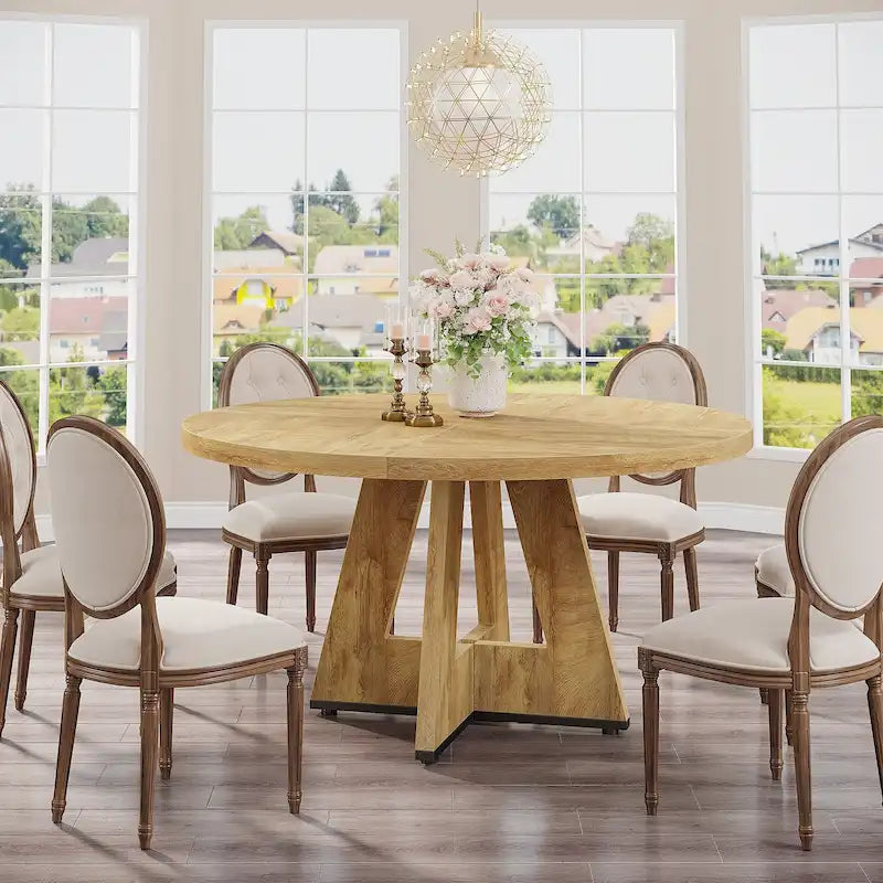 Table à manger ronde de 120 cm pour 4 personnes, table de salle à manger/cuisine/salon en bois style ferme