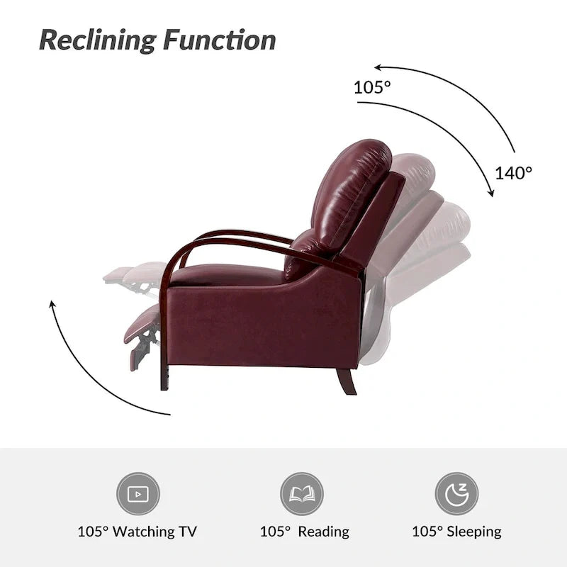Fauteuil inclinable manuel Alex Mid-century Modern Cigar en cuir véritable avec accoudoirs incurvés en bois