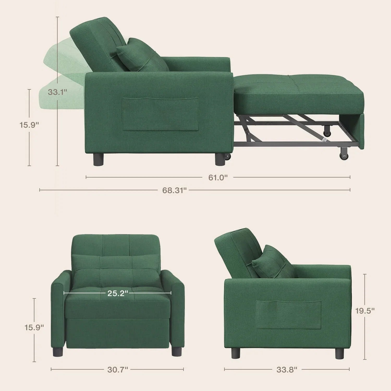 Canapé-lit convertible 3-en-1, Canapé-chaise dépliable, Lit pliant convertible pour salon