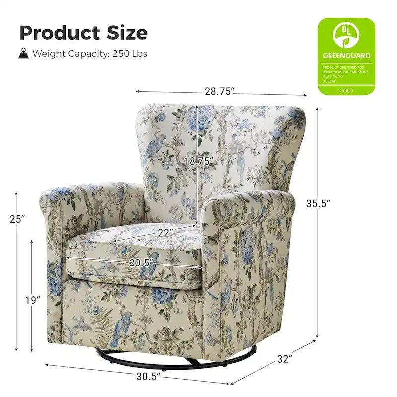 Fauteuil à bascule pivotant Georg en tissu confortable à motif floral avec accoudoirs arrondis par HULALA HOME