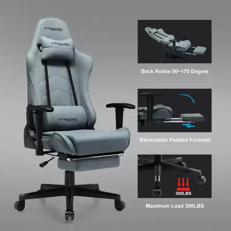 Gaming Chair with Footres Ergonomic Recliner Office Chair with Lumbar Support Blue