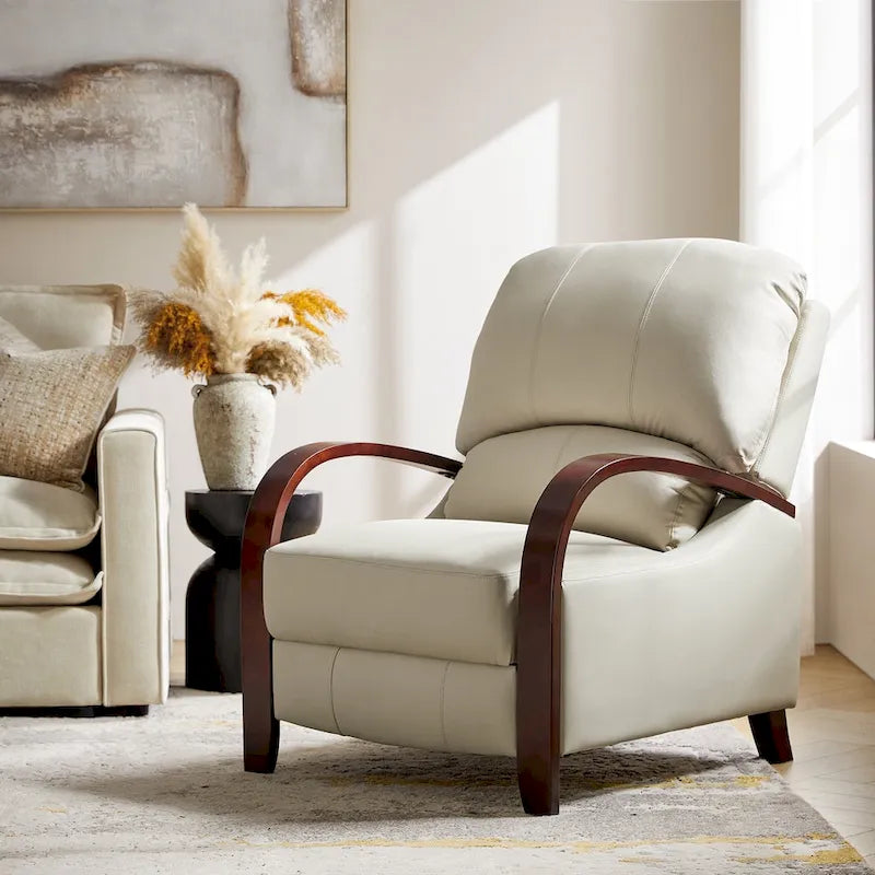 Fauteuil inclinable manuel Alex Mid-century Modern Cigar en cuir véritable avec accoudoirs incurvés en bois