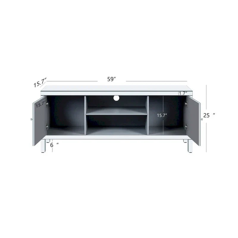 Meuble TV de 150 cm avec portes miroir en losange et rangement pour téléviseurs jusqu'à 65 pouces