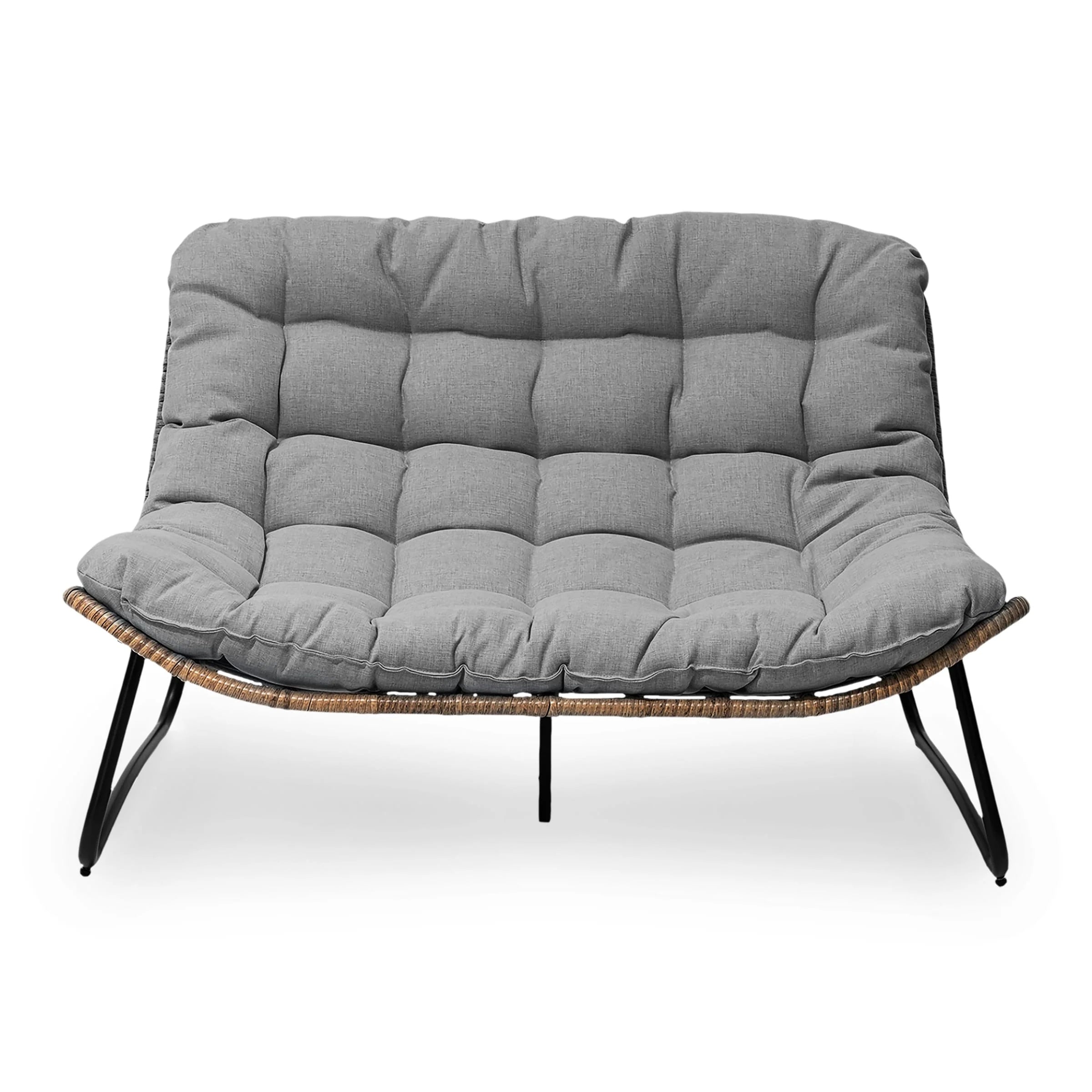 Causeuse double Papasan avec coussin, rotin PE tout temps et cadre en métal pour l'intérieur et l'extérieur