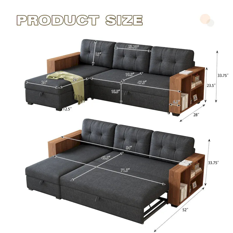 Canapé d'angle convertible avec lit gigogne et méridienne de rangement