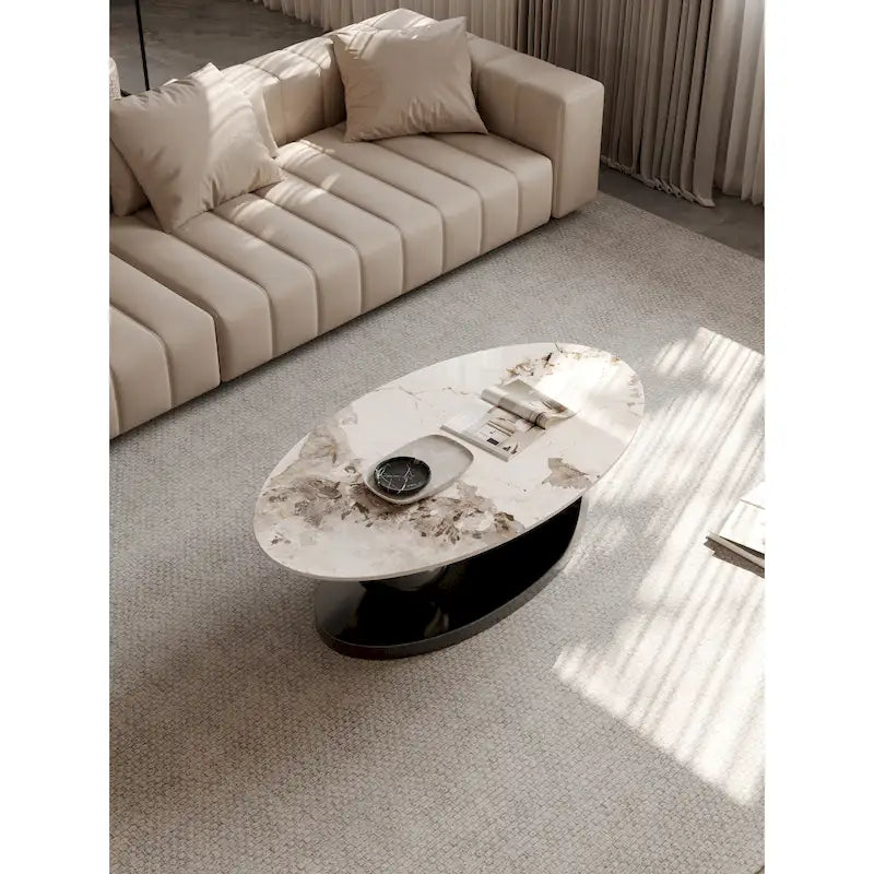 Table basse ovale moderne Pandora 51 avec plateau en pierre frittée brillante, table basse de luxe, pieds en acier inoxydable pour salon