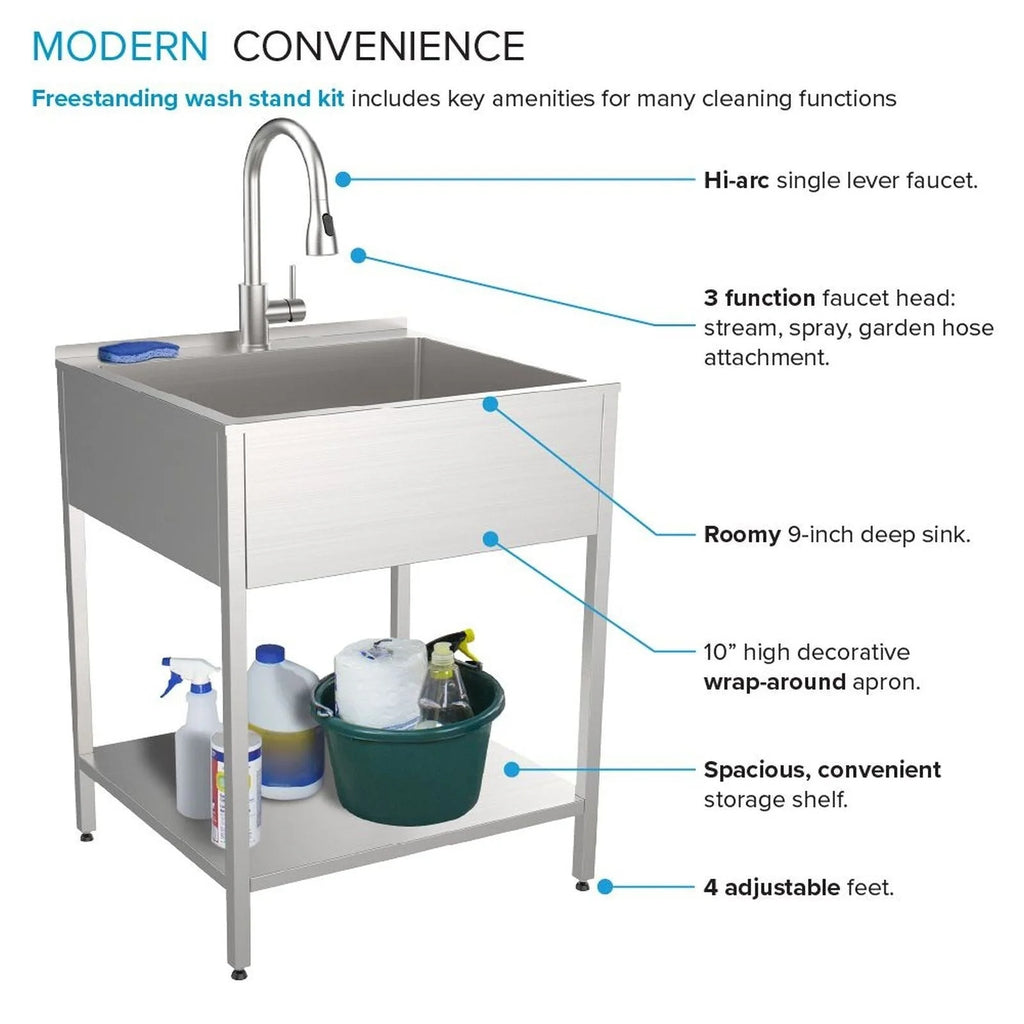Évier de buanderie et support de lavage en acier inoxydable de 24 po L x 22 po P x 35 po H